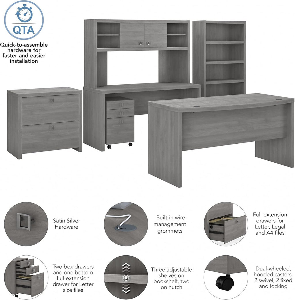 Modern Gray Bow Front Desk with Credenza, Hutch, Bookcase and File Cabinets H166954
