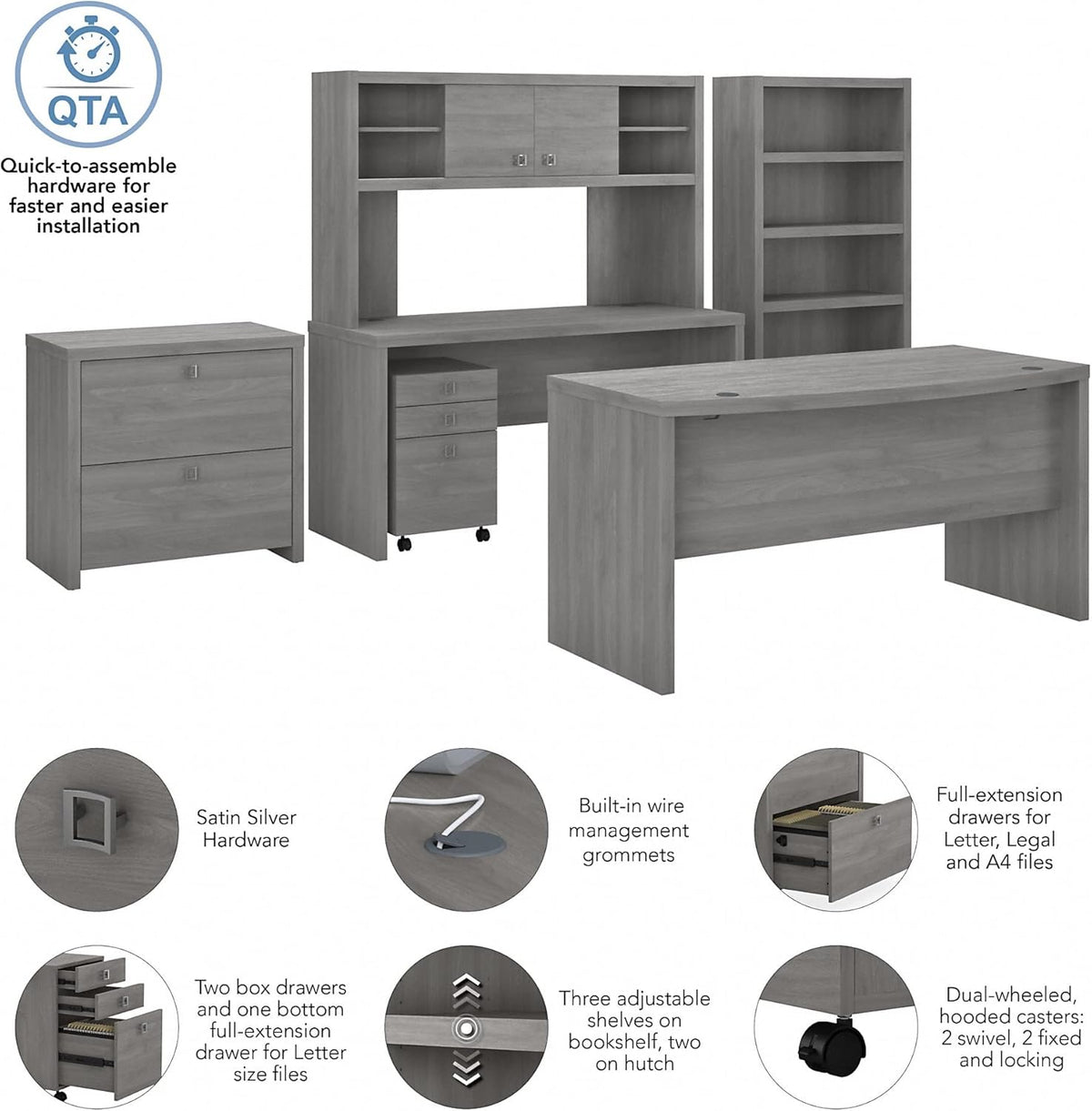 Modern Gray Bow Front Desk with Credenza, Hutch, Bookcase and File Cabinets H166954