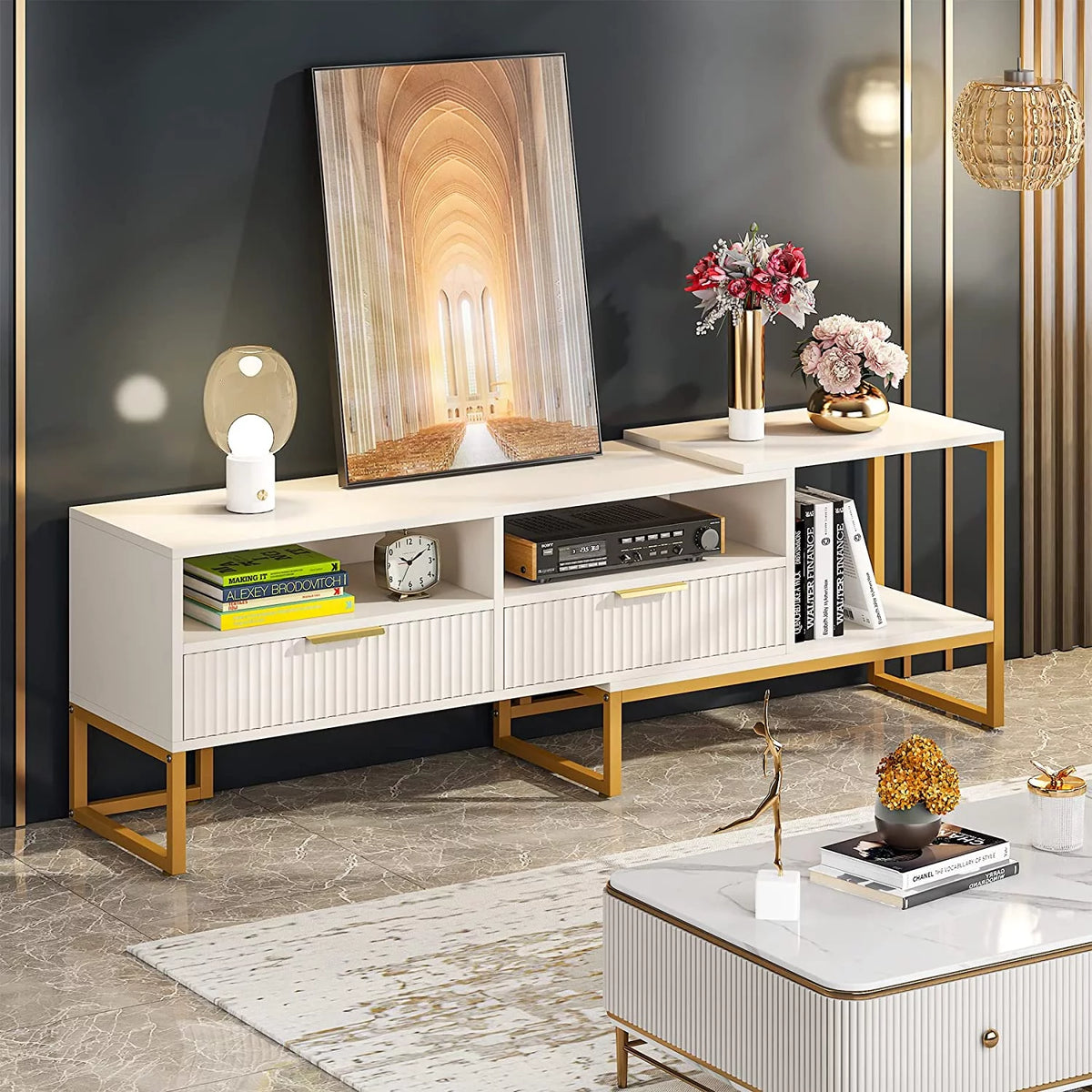 White and Gold TV Stand with 2 Drawers and Open Shelves C173