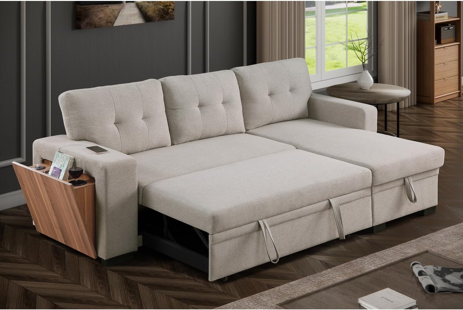 Light Gray Polyester Fabric L-Shaped Sleeper Sectional Sofa Bed E597