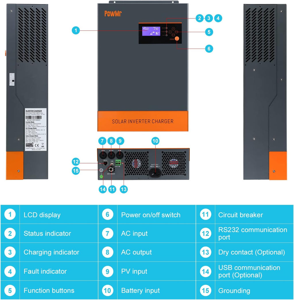 5500W Solar Hybrid Inverter with 80A MPPT Charge Controller 48V DC to 220/230V AC Pure Sine Wave Inverter O790