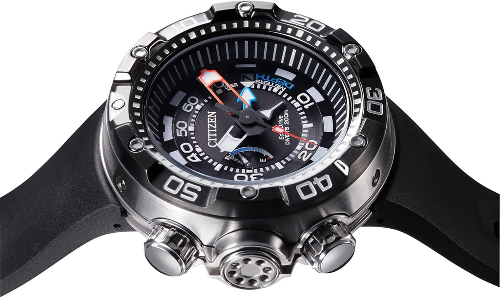 Men's Eco-Drive Promaster Sea Aqualand Depth Meter Watch in Stainless Steel with Black Polyurethane strap, Black Dial C4085