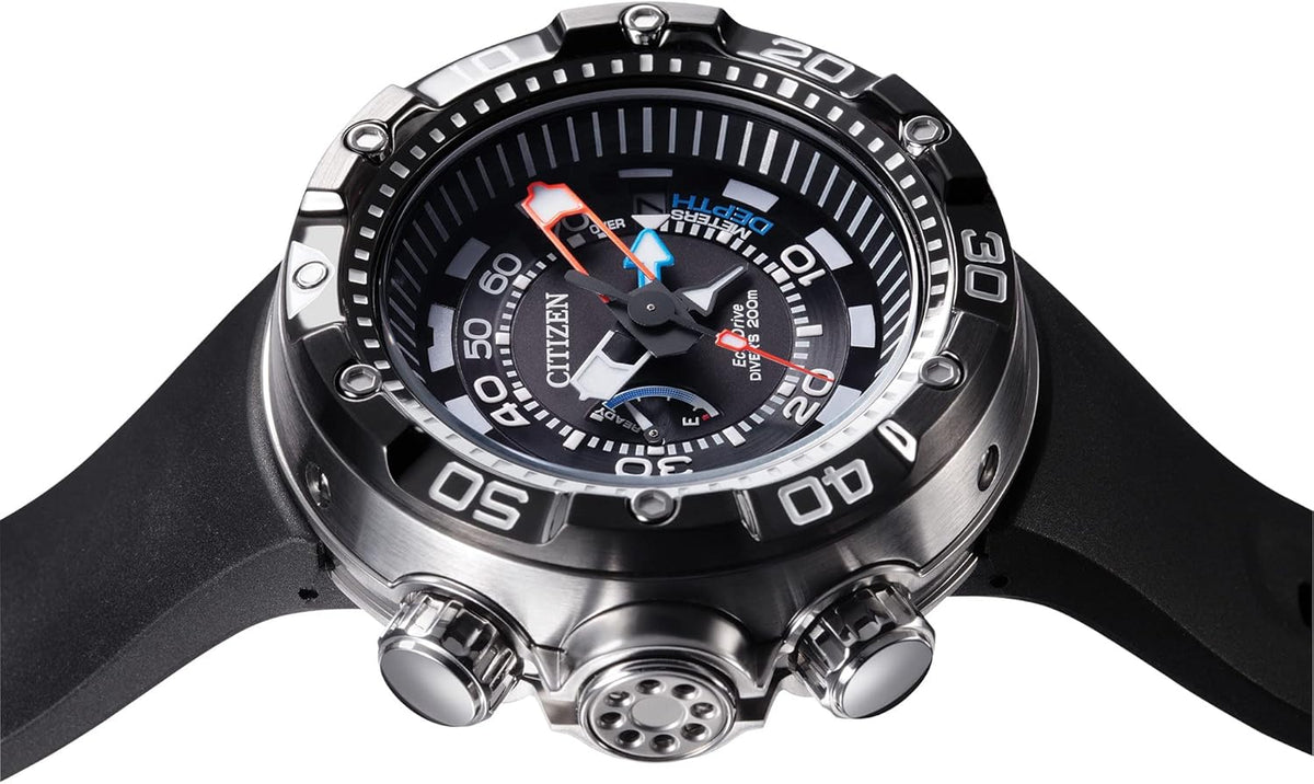Men's Eco-Drive Promaster Sea Aqualand Depth Meter Watch in Stainless Steel with Black Polyurethane strap, Black Dial C4085