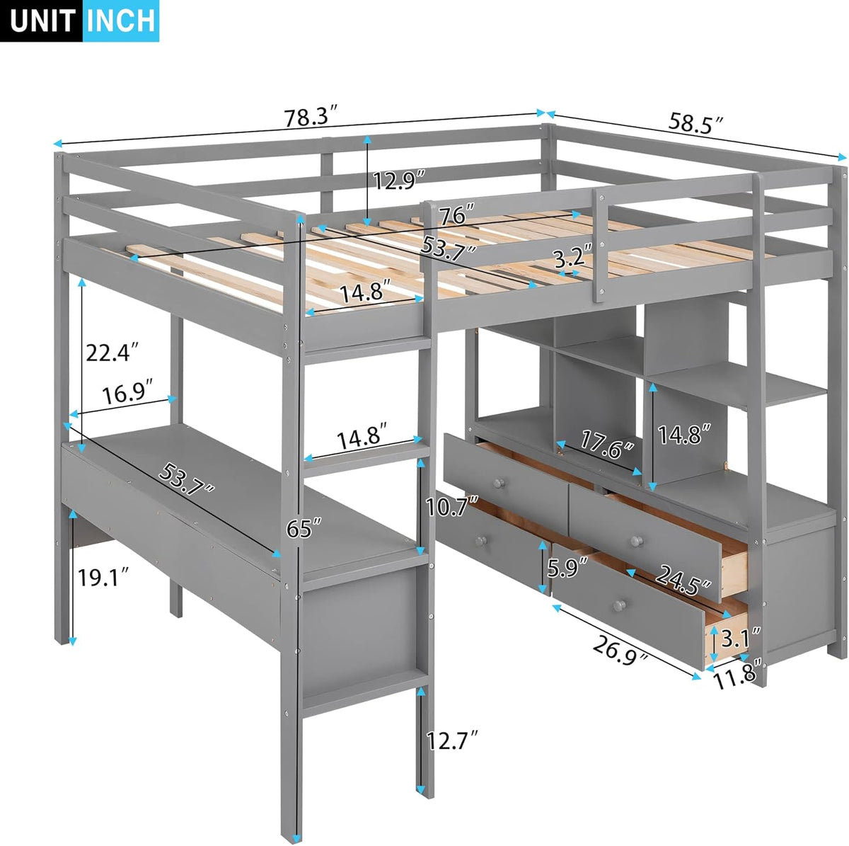 Full Size Solid Wood Loft Bed with Desk and 2 Drawers, Grey Q105