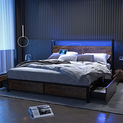 Full Size Metal Bed Frame with Storage Drawers, Rustic Brown X322