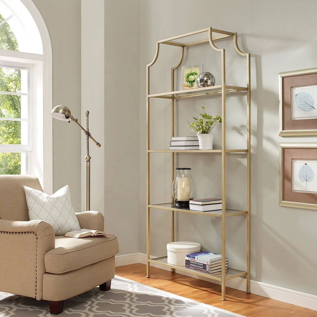 Antique Gold 4 Shelf Glass Metal Etagere Bookcase P6253