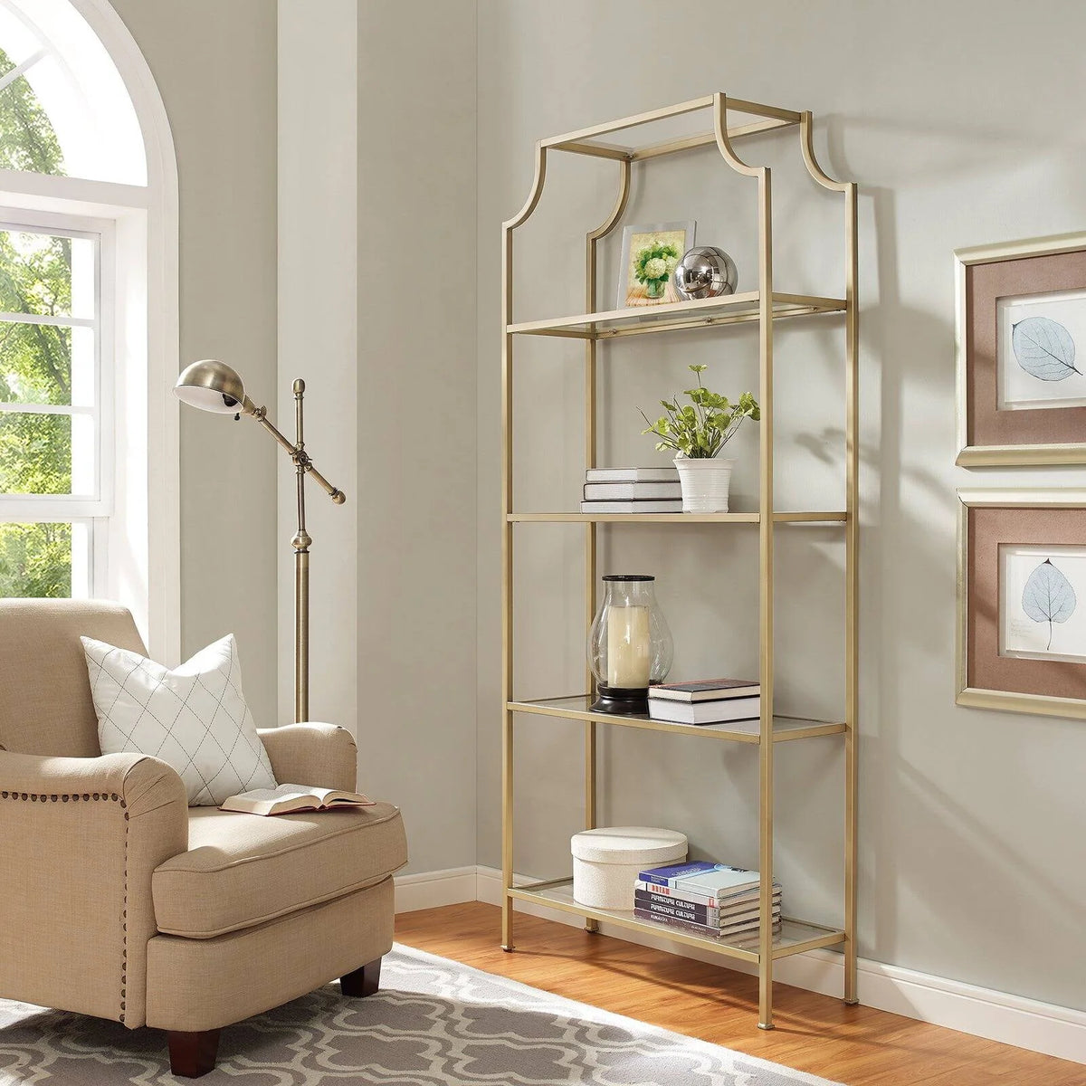 Antique Gold 4 Shelf Glass Metal Etagere Bookcase P6253