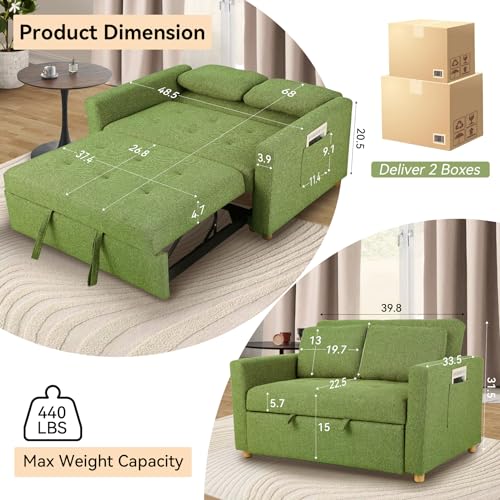 49" 2-Seater Linen Fabric Convertible Sofa Bed with Adjustable Backrest and 2 Pillows R55509