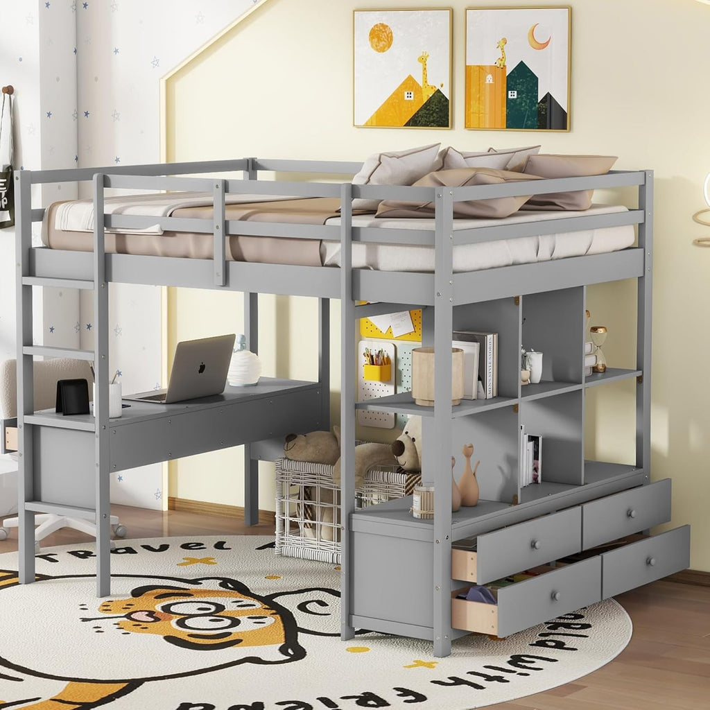 Full Size Solid Wood Loft Bed with Desk and 2 Drawers, Grey Q105