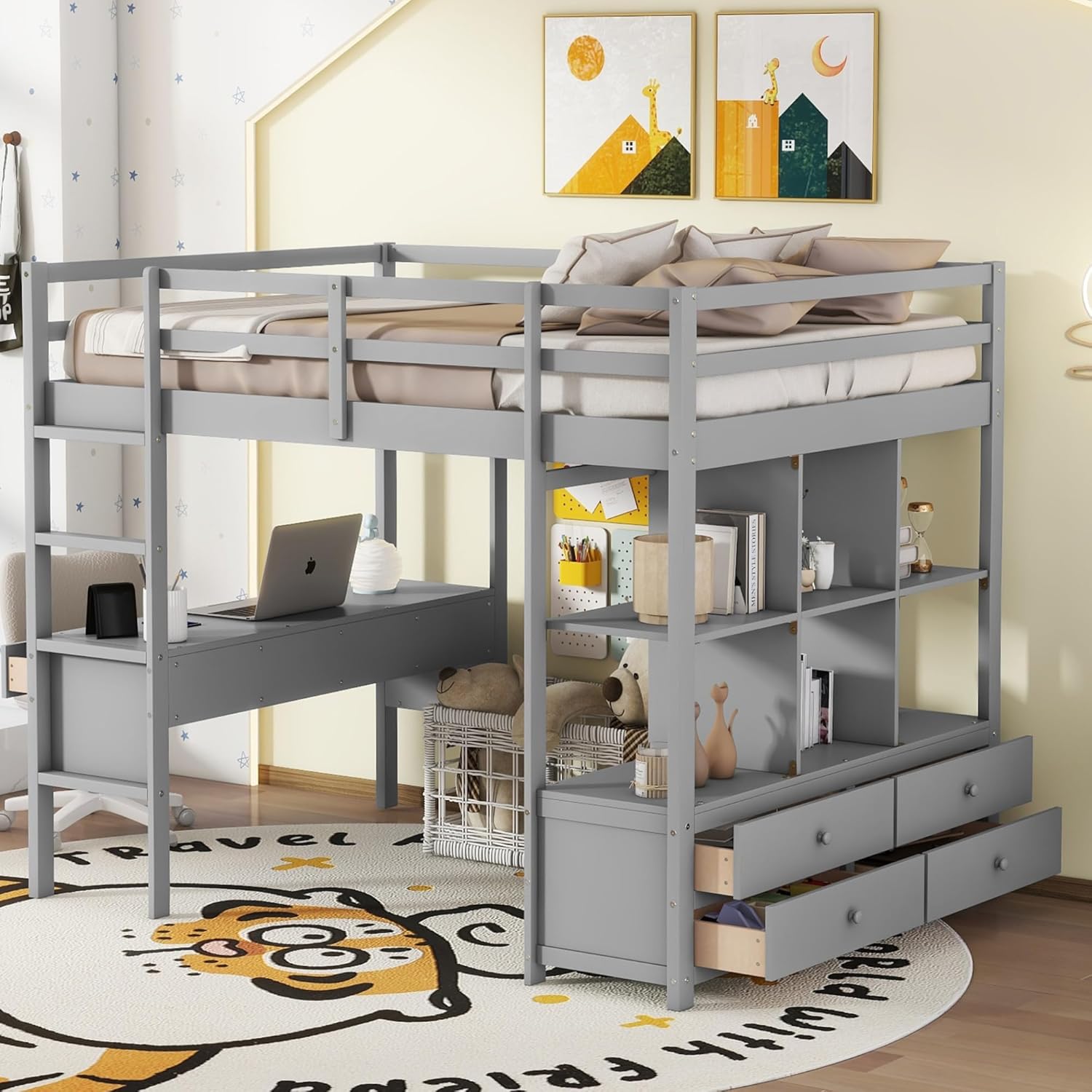 Full Size Solid Wood Loft Bed with Desk and 2 Drawers, Grey Q105