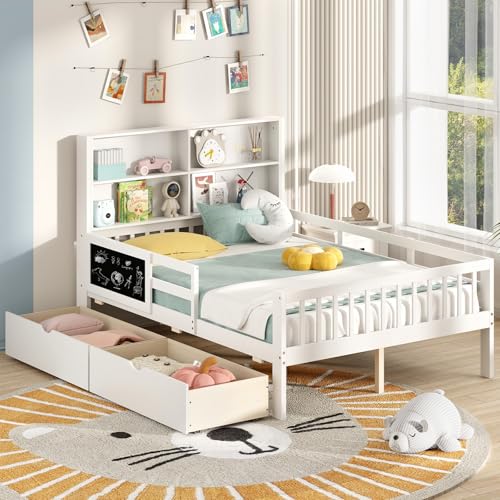 White Full Size Solid Wood Bed Frame with 2 Storage Drawers K79713